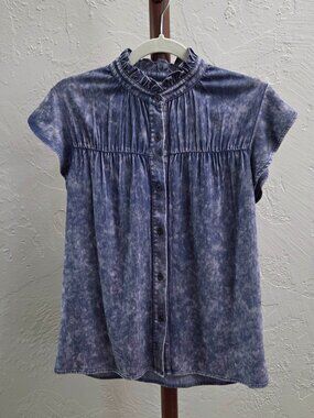 T50.  Acid Wash Denim Blue Ruffle Neck Cap Sleeve Top